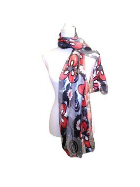 Floral Print Lightweight Sheer Scarf With Red & Gray Tones For Women
